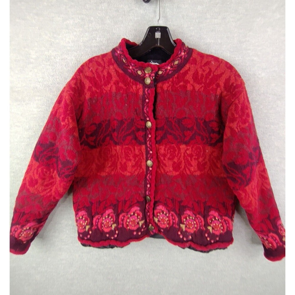 Icelandic Design Womens Jacket S Red Embroidered Floral Wool‎ Nordic Sweater
